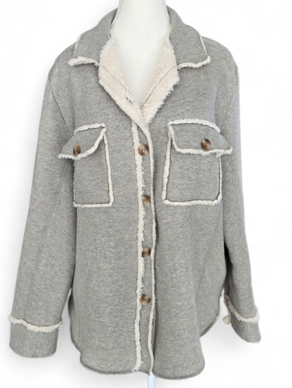 Dylan Sherpa Lined Gray Button Down Front Cozy Jacket Size XL
